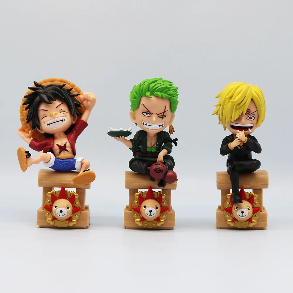 

New 15cm One Piece Thousand Sunny Sitting Q Version Luffy Zoro Sanji Trendy GK Doll Model Car Ornament For Children's gifts