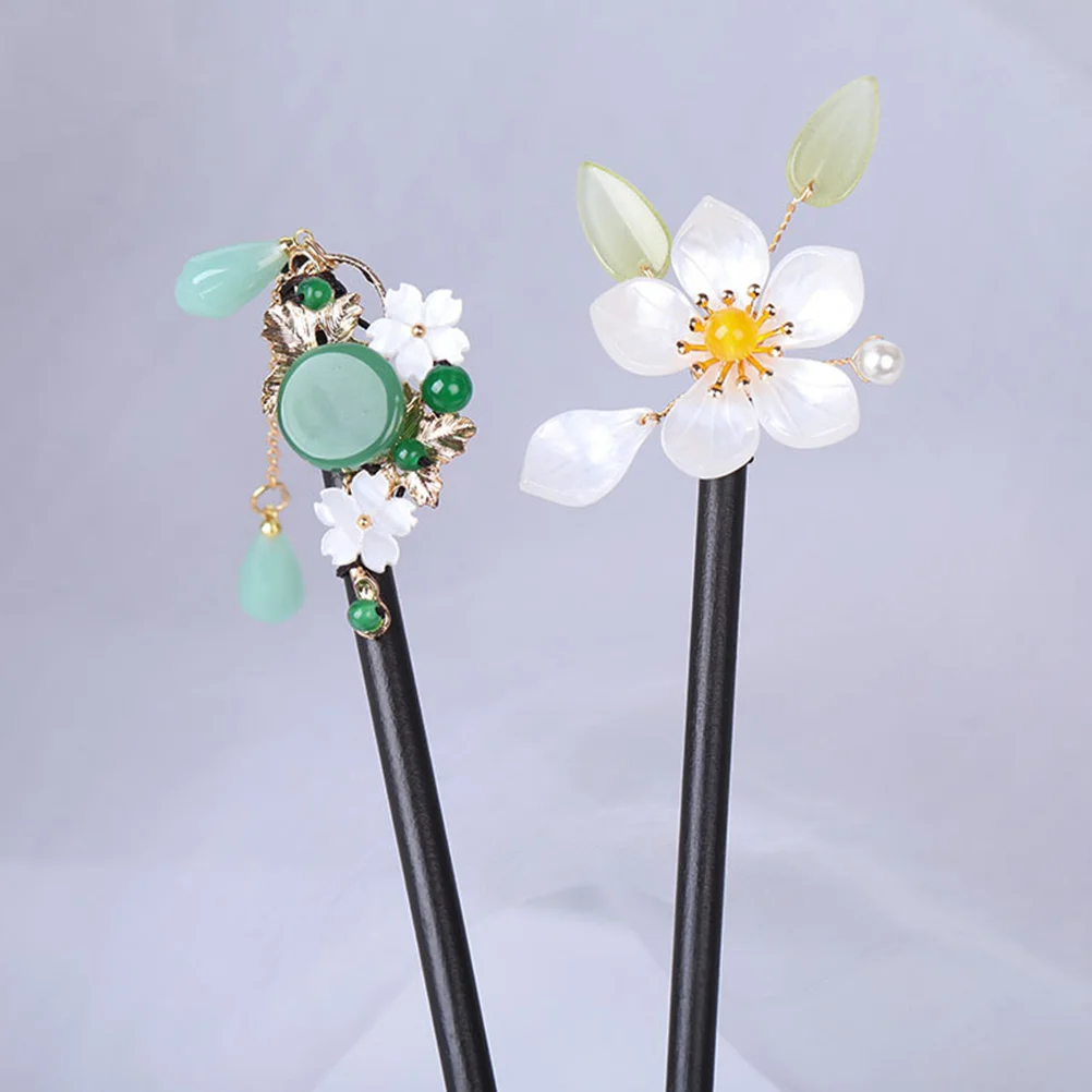 

2pcs Chinese Sticks Retro Flower Pins Wooden Accessories For Wedding Daily Wear Bun Stick Dangle Sticks Women Pin Japanese