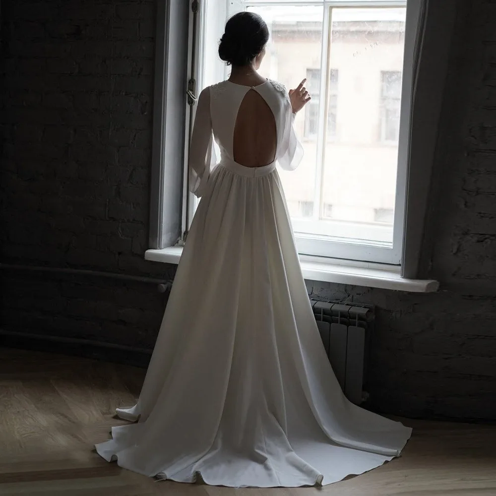 

Civil Wedding Dresses for Women Bride 2025 Chiffon Long Sleeve Backless A Line Simple Plain Bridal Gowns Customized