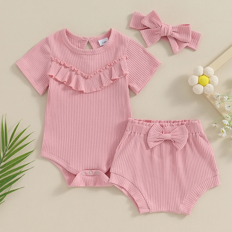 

Summer Newborn Baby Girl Clothes Ribbed Outfit Short Sleeve Ruffle Romper Bow Shorts With Headband Solid 3Pcs Set