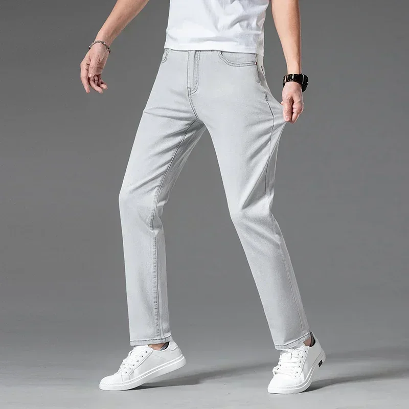 2023 Spring Summer New Classic Youthful Vitality Men\'s Fit Straight Thin Denim Jeans Lightweight Cotton Stretch Trousers