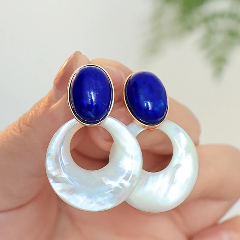 Vintage Sweet New in Pink earrings for women Silver inlaid Lapis Lazuli Artificial Fritillaria Light Luxury Wedding Jewelry image 4