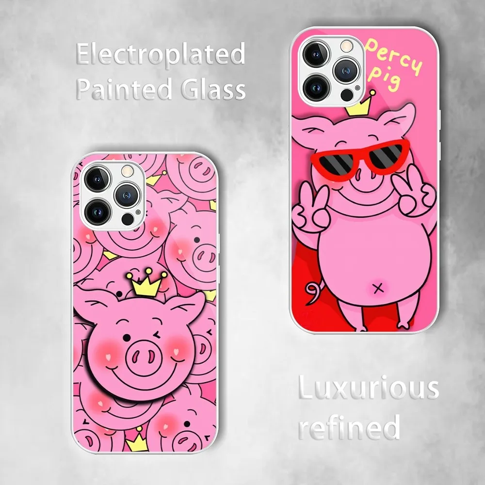 Cartoon P-Percys Pig Phone Case For Electroplated Painted Glass iPhone 13 12 14 11 Plus Pro Max X XS XR Mini Shell