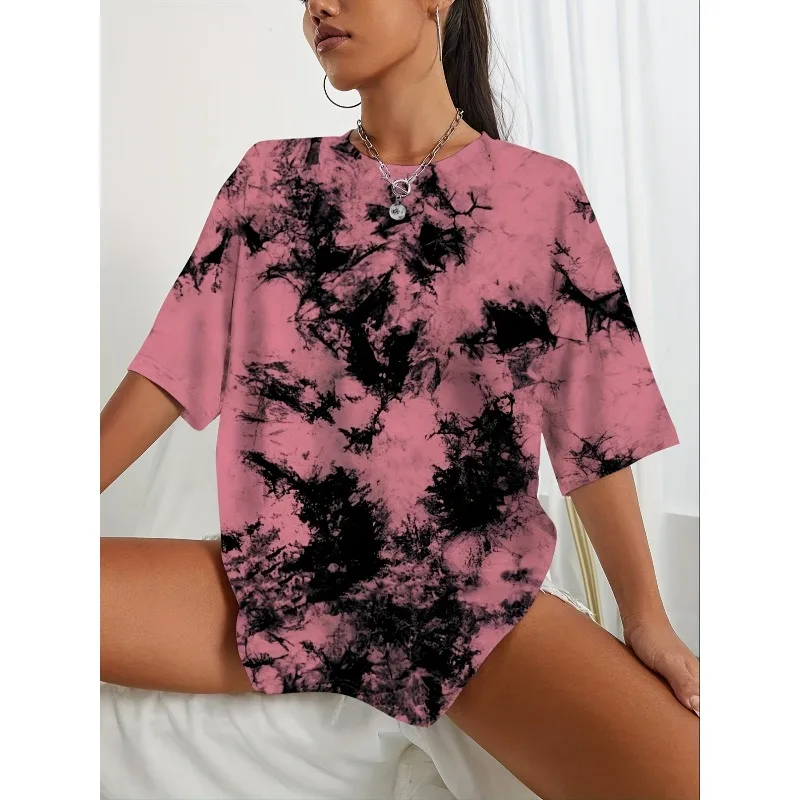 Plus Size New Women Fashion Tie Dye Contrasting Printed T-Shirt Ladies Round Neck Loose And Comfortable Short Sleeve Tops