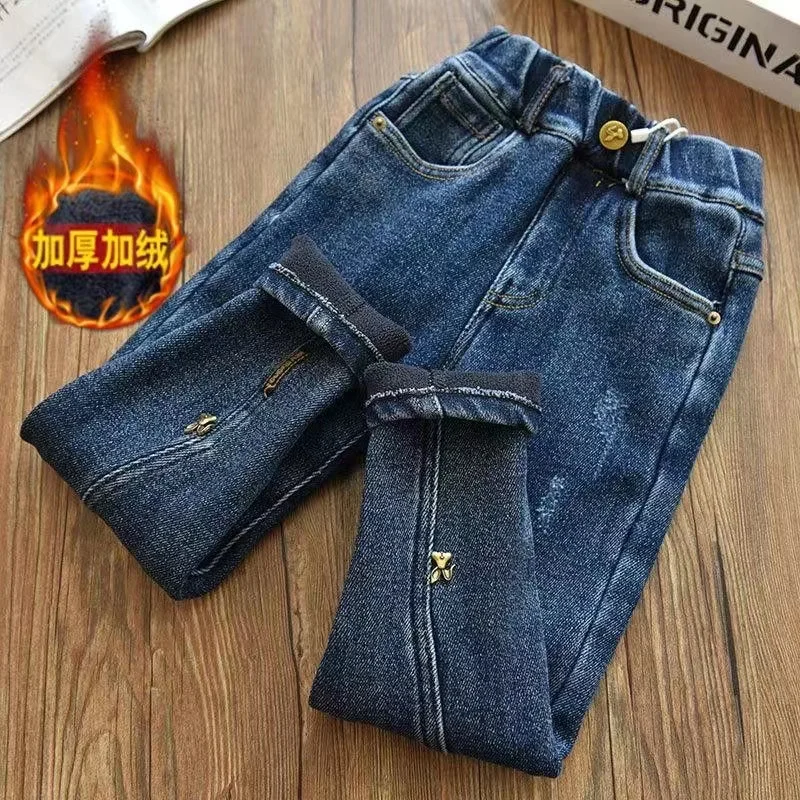 Velvet Winter Warm Pants Jeans For Girls Boys Fall Trousers Denim Pants Teenagers Kids Children\'s Clothing Boy Jeans