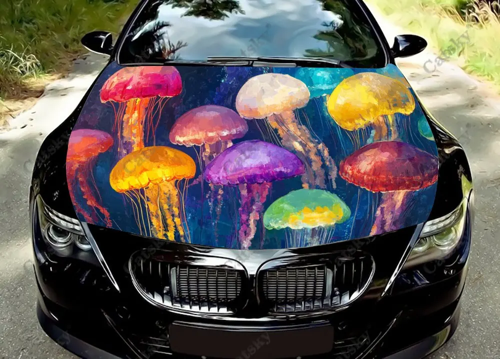 Glowing Colored Jellyfish Cloud Car Hood Wrap Color Vinyl Sticker Truck Graphic Bonnet Custom Auto Accessories Decoration Decal