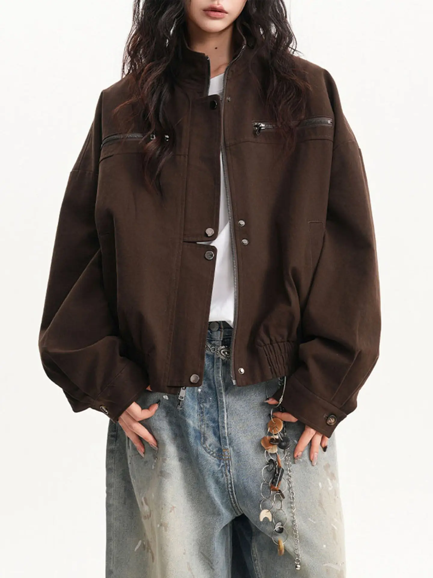 Korean Style Women's Jackets Turn-down Collar Solid Color Casual Zipper All-match Menswear Loose Male Coats Autumn