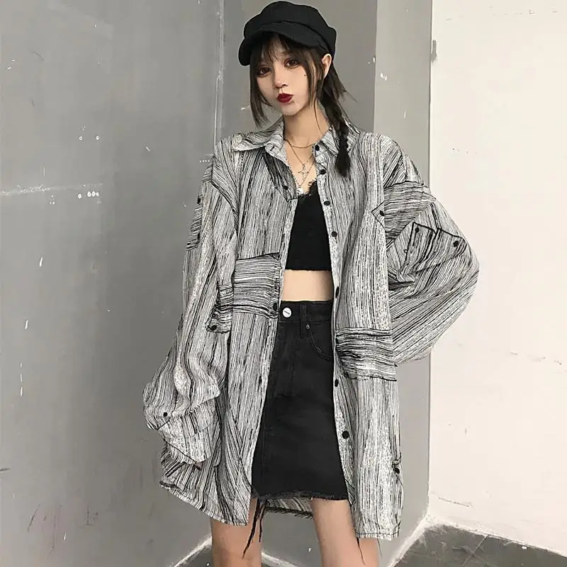 Ins Harajuku street bf Style Vintage Blouse Female Graffiti Long-Sleeved Loose Shirt Coat Women's Casual Shirts