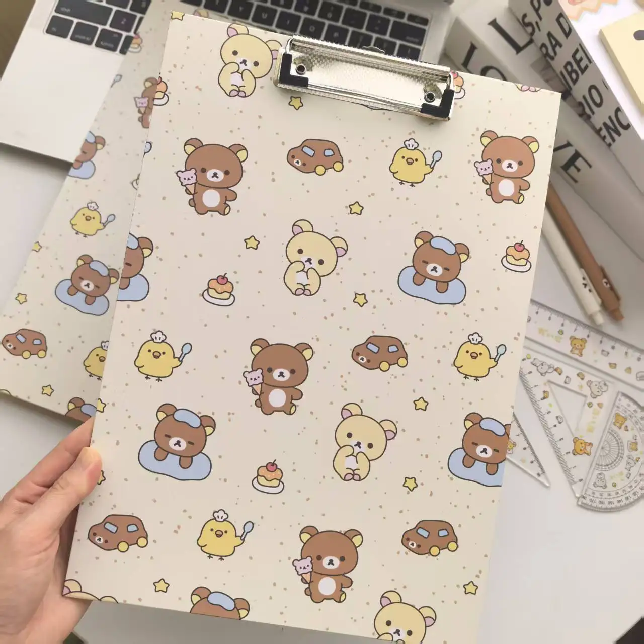 Rilakkuma A4 folder design simple bear face full cartoon print metal spring clip hard board office file holder cute stationery view 3