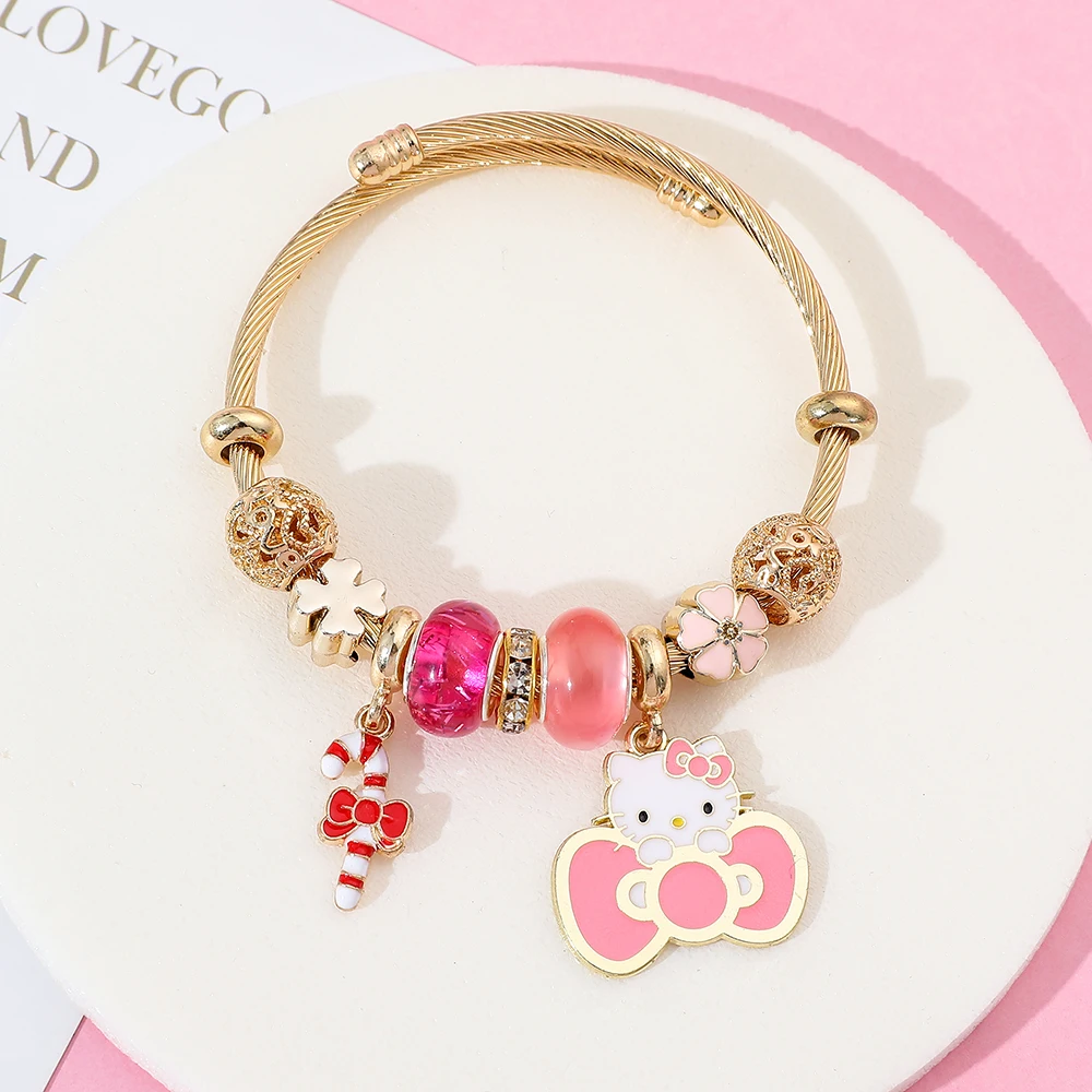 Sanrio series anime fashion cute flower bow Hello Kitty magic wand pendant versatile beaded bracelet