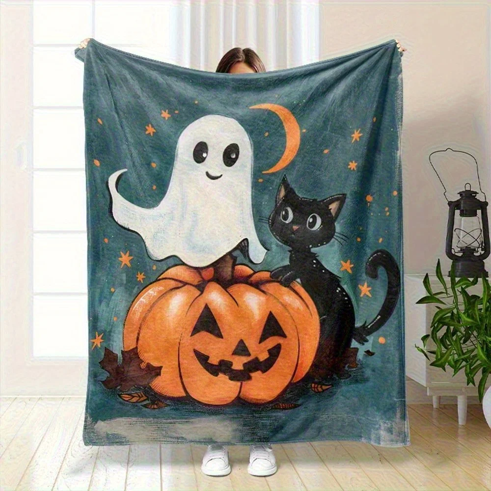 

"Halloween Ghost and Cat Blanket, Festive Pumpkin Design for Home Decor, Soft Cozy Throw for Couch or Bed, Perfect Gift Idea"