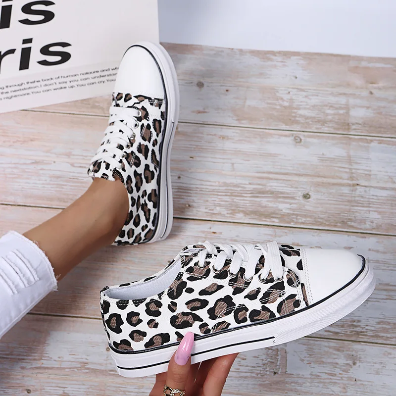 Shoes for Women  Autumn Fashion Leopard Canvas Shoes Lace Up Flats Women Platform Size 43 Casual Shoes Zapatillas De Mujer