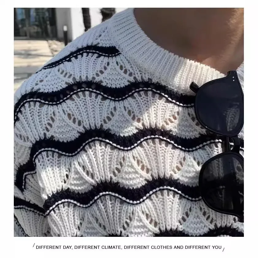 High-End Feeling Men's T-Shirt Short Sleeves Trendy Brand Knitted Top Jacquard Wave Stripe Body Conscious Style Summer Wear