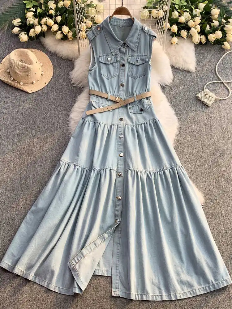 

French Style Sleeveless Women's Denim Dress Round Neck Slimfit Ankle Length Skirts All Match Single Breast Commuting Dresses