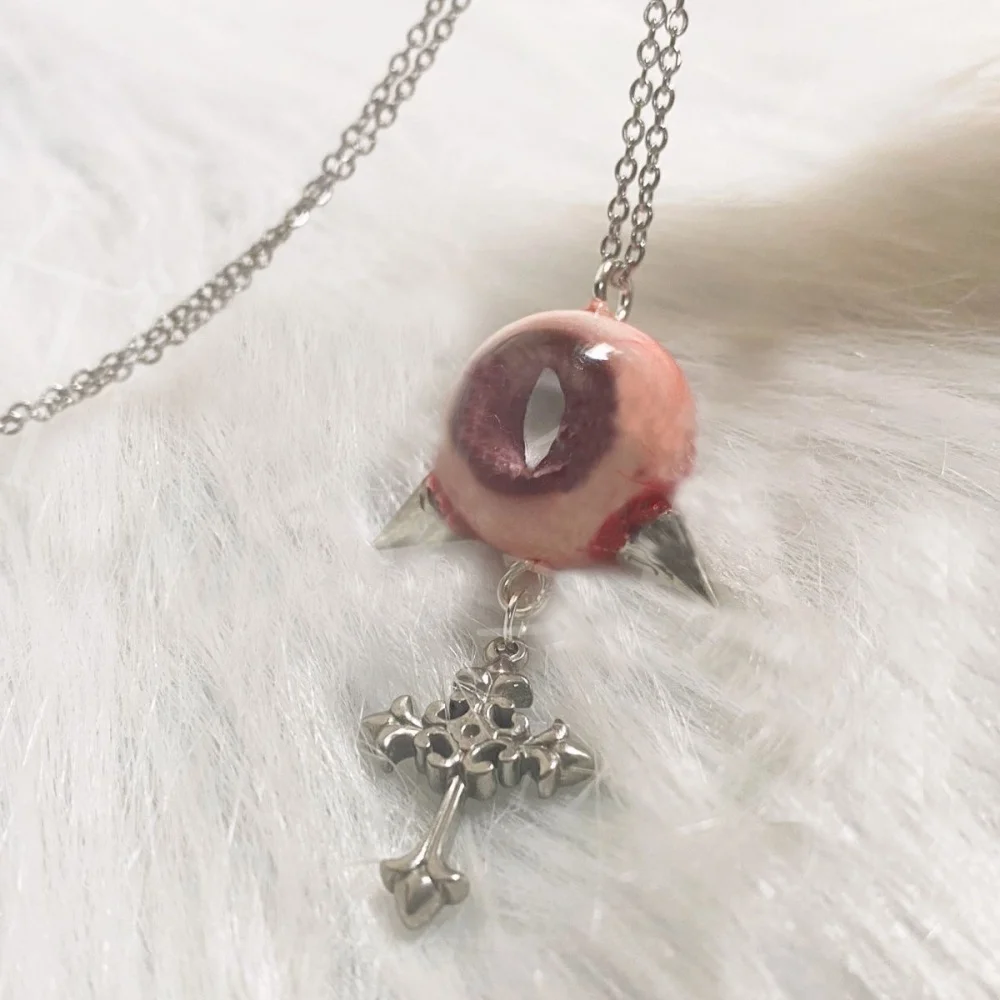 Original punk Creative Handmade Eyeball Cross Necklace Dark Punk Style Hip Hop Gothic Jewelry Halloween Artwork Customized Gift