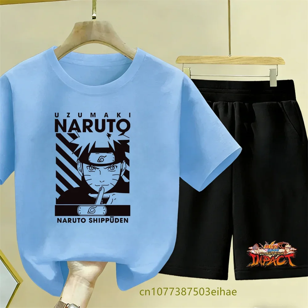 New Naruto Summer 2Pcs Clothing Set Cartoon Anime Graphic Print T-shirt Breathable Short Sleeve Tops Cute Shorts