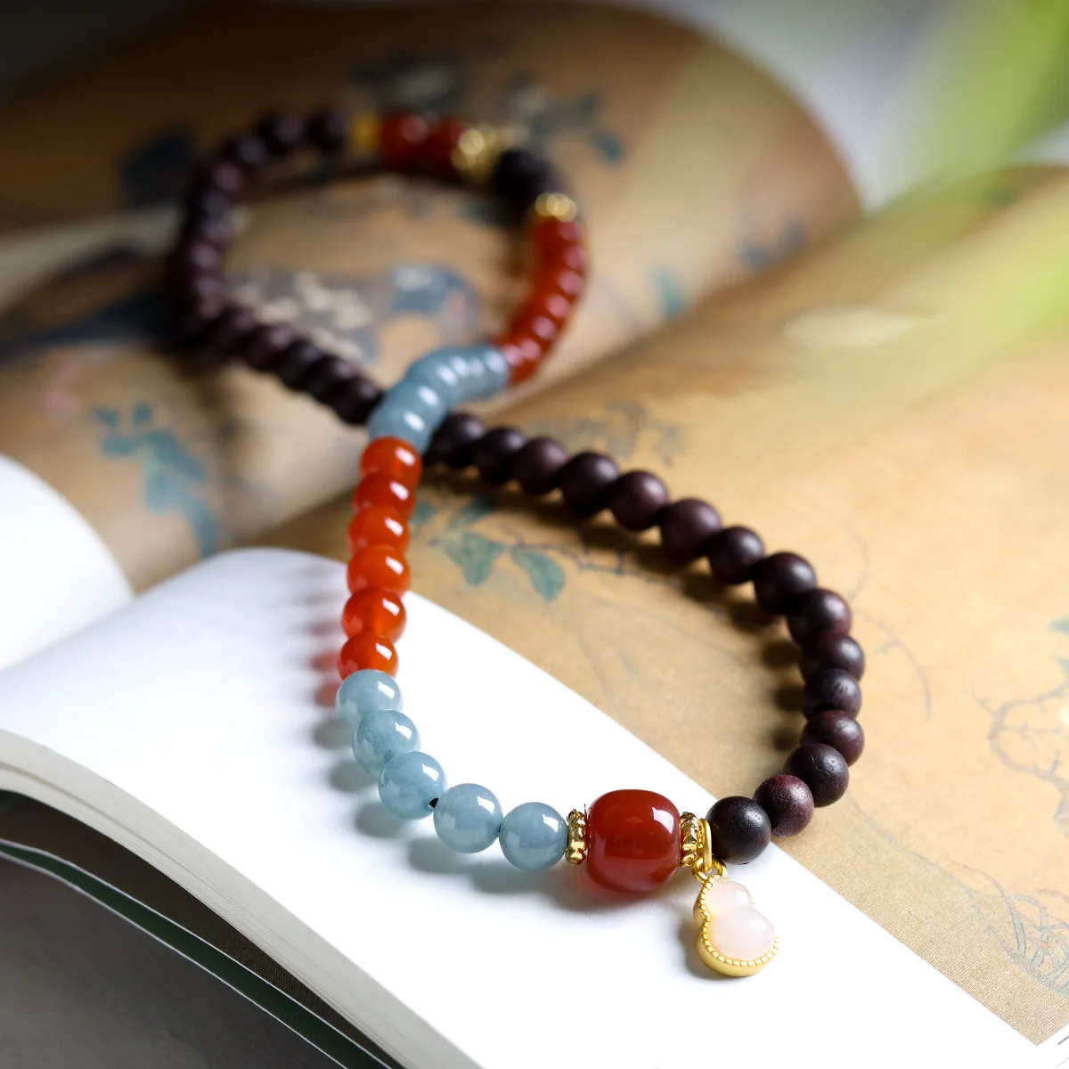 Dalbergia Odorifera Blue Water Jade Agate Bracelet: New Chinese Style Wooden Beaded Bracelet with Gourd Pendant, Women's Gift