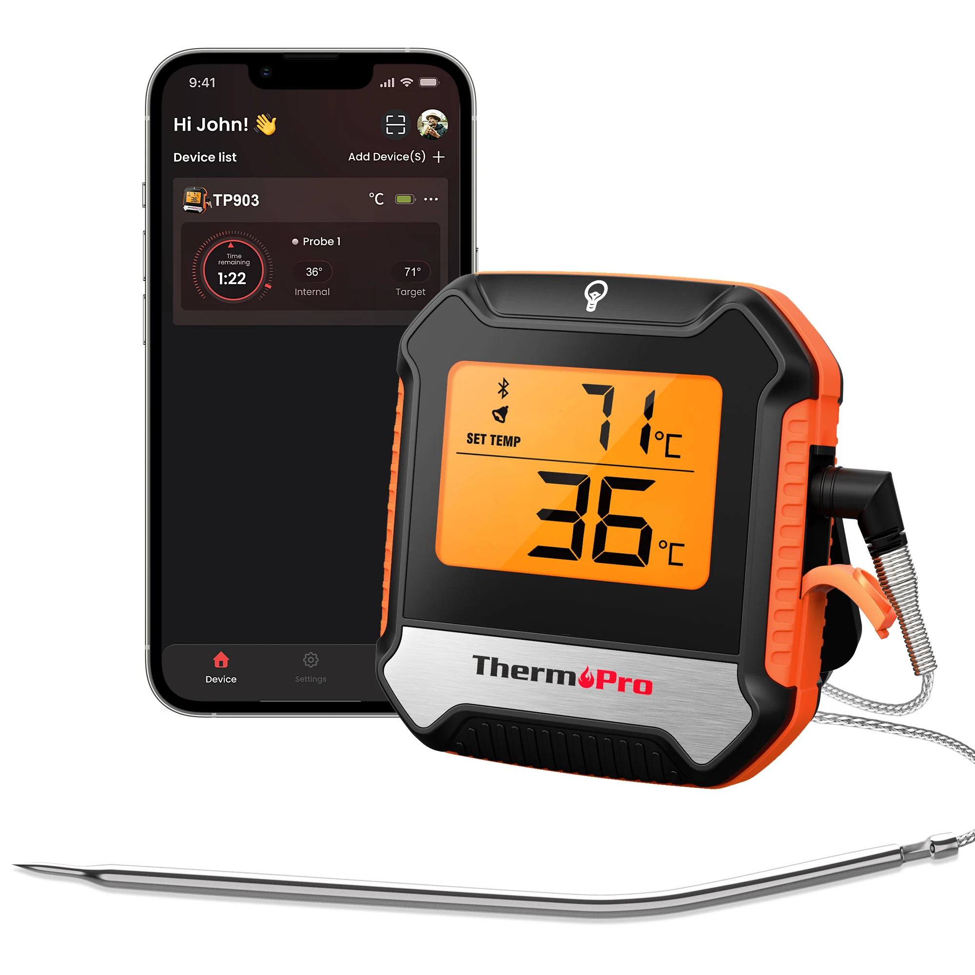 ThermoPro TP903 Bluetooth Meat Thermometer Wireless Digital Cooking Food Probe 450ft Remote for BBQ Grill Smoker Oven Kitchen