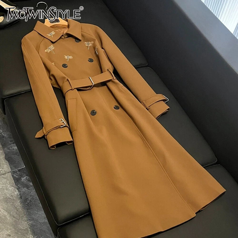 

TWOTWINSTYLE Solid Printing Slimming Jackets For Women Lapel Long Sleeve Spliced Belt Temperament Coat Female Fashion KJA542523