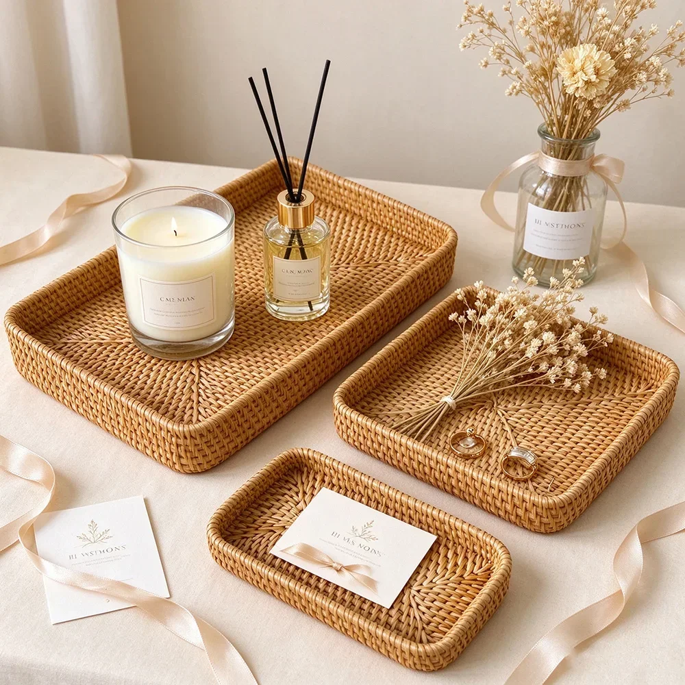 Handwoven Wicker Basket 3‑Pack Rattan Storage Trays Multi‑Purpose Decor Organizer for Kitchen Bathroom