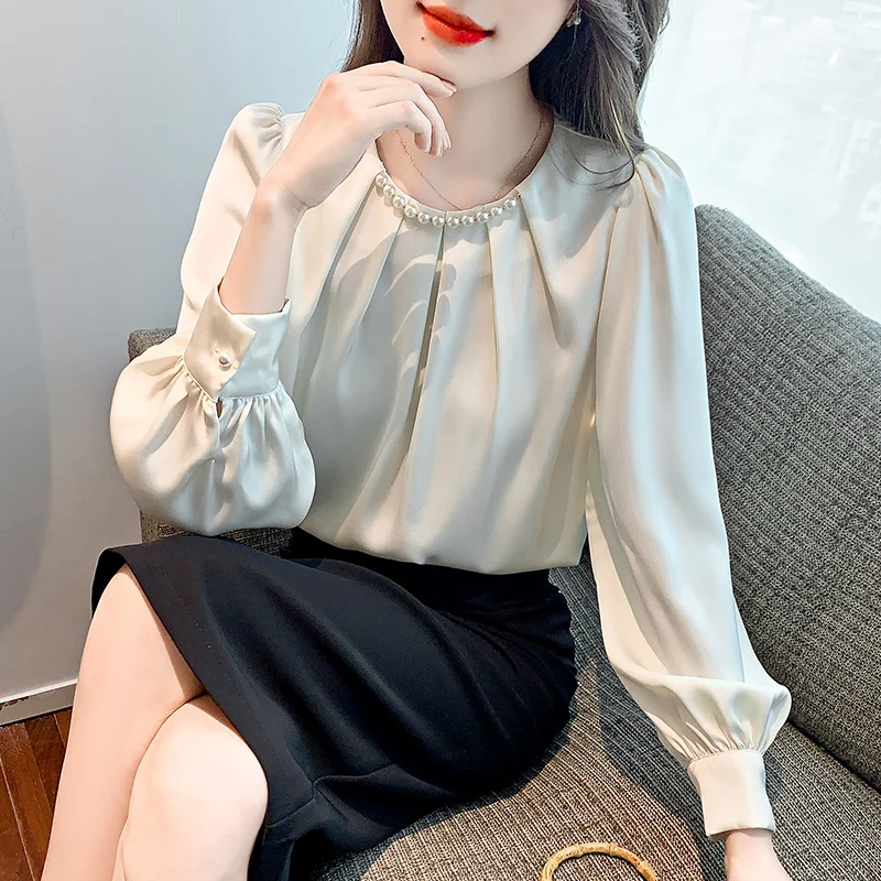 New Fashion Beading O-Neck Chiffon Blouse Shirt Women Tops Blouses Blusas Mujer De Moda 2024 Long Sleeve Blouse Women Blusa G879