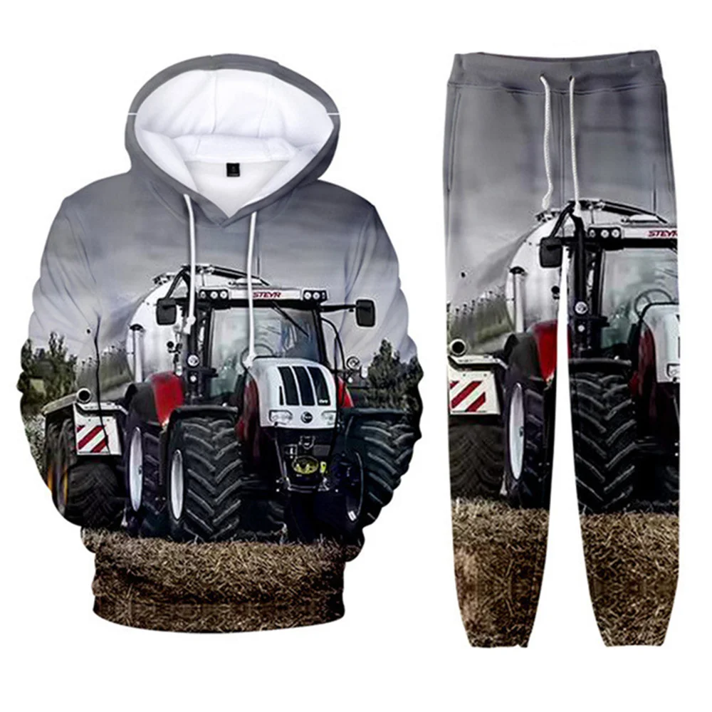 Conjunto de chándal con estampado 3D de Tractor, sudadera informal con capucha y pantalones, 2 piezas, primavera y otoño, 2024