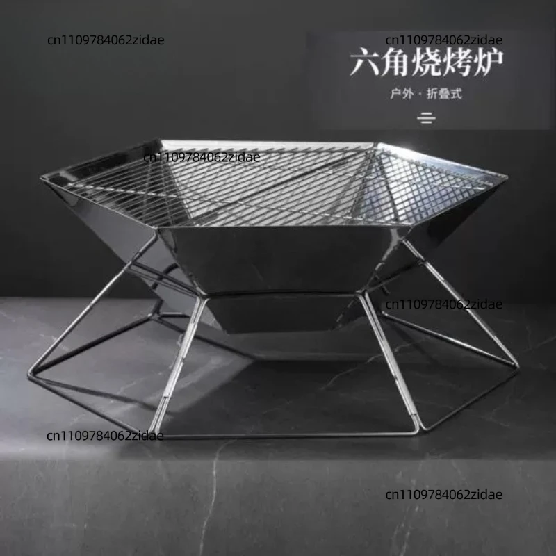 Outdoor Hexagonal Fire Pit Stainless Steel Folding BBQ Grill Portable Desktop Barbecue Stove for Camping Commercial Picnic Use