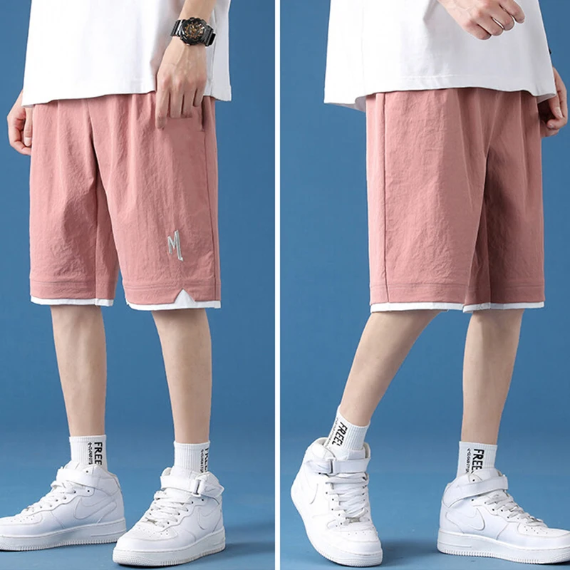 Pantalones deportivos holgados para correr para hombre, pantalón informal, fino, de seda helada, para verano, para estudiantes, pierna recta de cintura media alta de cinco puntos