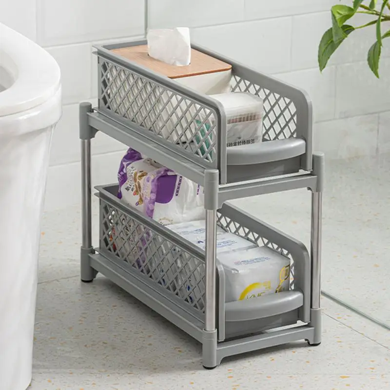 2 Tier Pull Out Under Sink Countertop Shelf Slide Cabinet Rack Organizer Bedroom Bathroom Cosmetic Storage Rack Kitchen Supplies