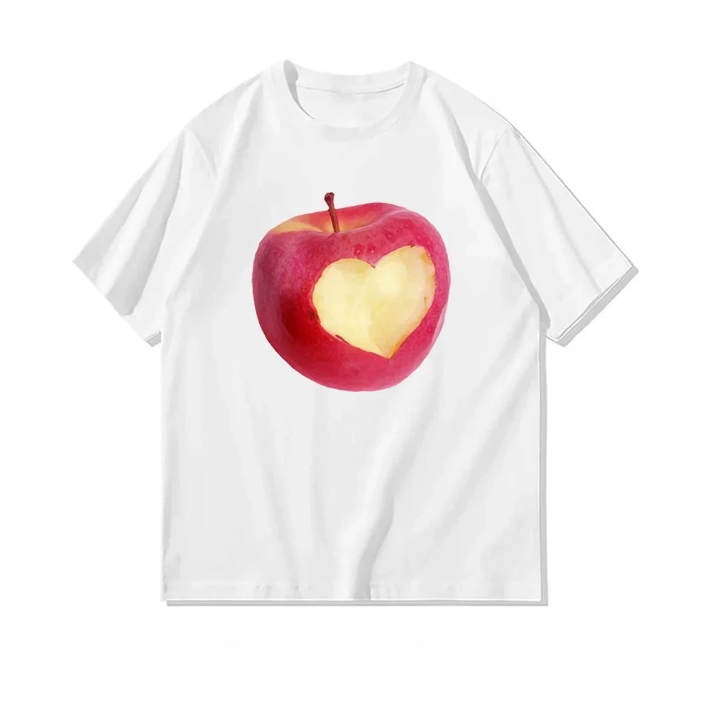 Heart Apple Graohic Woman Summer Fashion Casual Print Tee Crewneck Short Sleeve Creative Gift Refreshing Young People Choice Tee