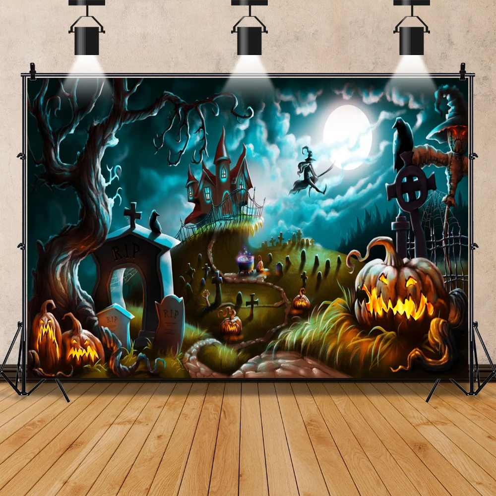 Laeacco Halloween Backdrops Photography Castle Moon Tomb Pumpkin Lights Witch Party Horror Night Theme Background Photo Studio