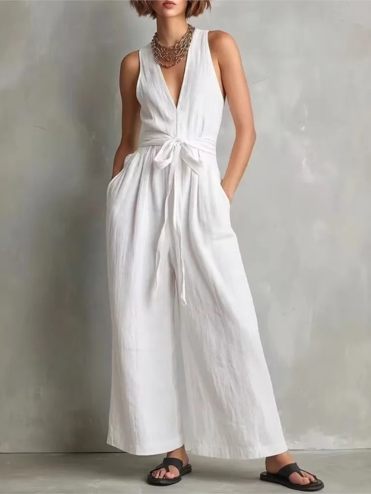 Summer Sleeveless Jumpsuits For Woman High Quality 2026 Fashion cotton linen Solid Color Wide Leg Rompers Elegant