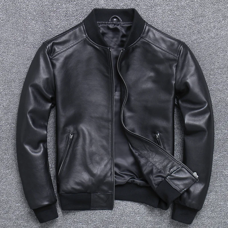 Black Aviation Genuine Leather Bomber Jacket Men Pilot Sheepskin Real Leather Jacket coat short Slim business jacket leather