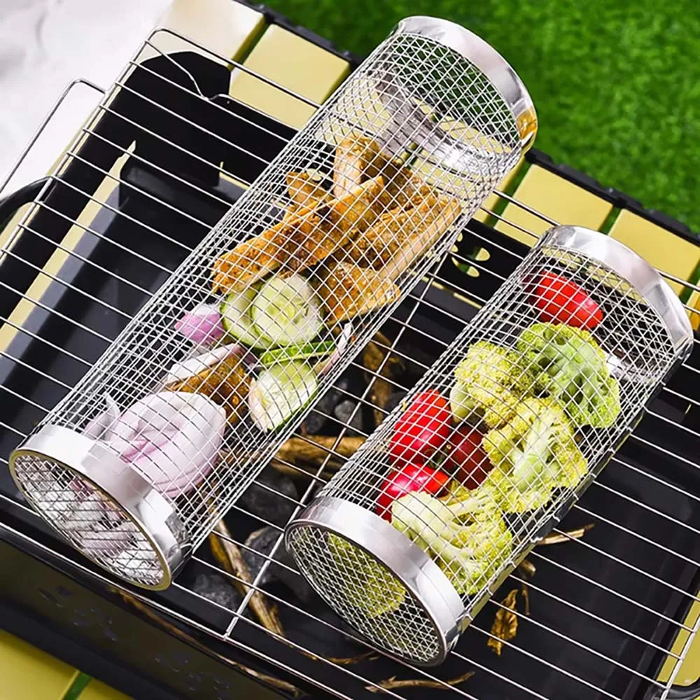 TARKA Camping BBQ Basket Stainless Steel Rolling Barbecue Grill Outdoor Camping Barbecue Rack Hiking Supplies Portable BBQ Cage image 6