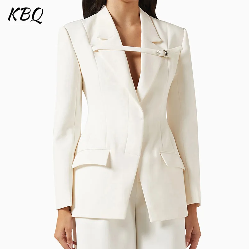 

KBQ Patchwork Belt Chic Blazer For Women Notched Collar Long Sleeve Spliced Pocket Casual Minimalist Blazers Female Fashion New