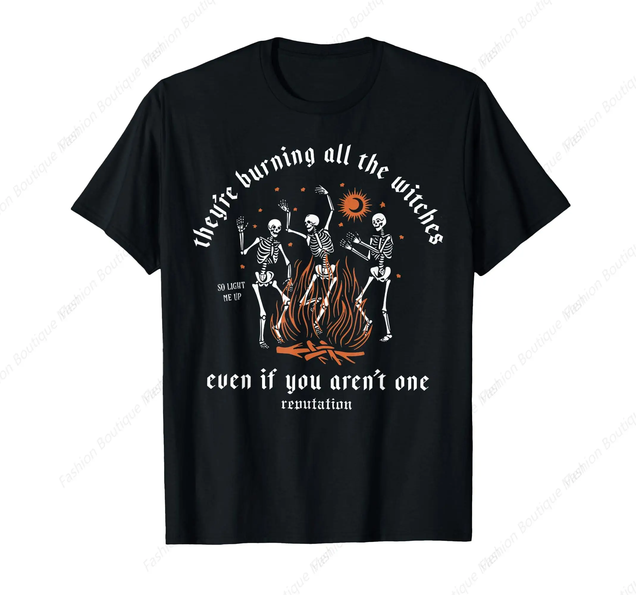 

Hot-Selling They'Re Burning All The Witches Halloween Skeleton Dancing T-Shirt Classic O-Neck Cotton Tee Unisex