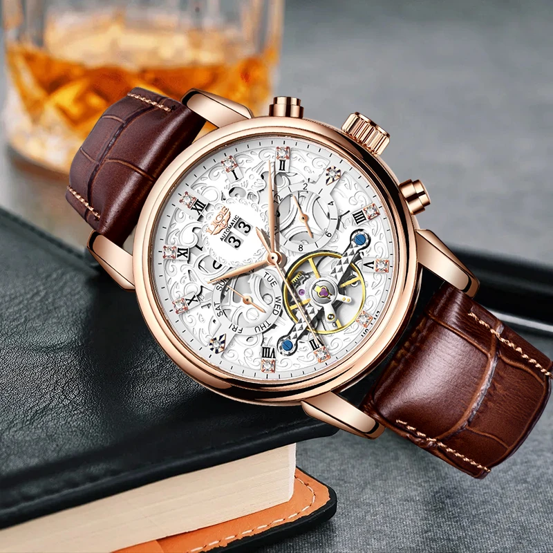 LIGE Fashion Luxury Man Mechanical Watch Top Brand Business Leather Waterproof Calendar Week Men\'s Watches Tourbillon Wristwatch