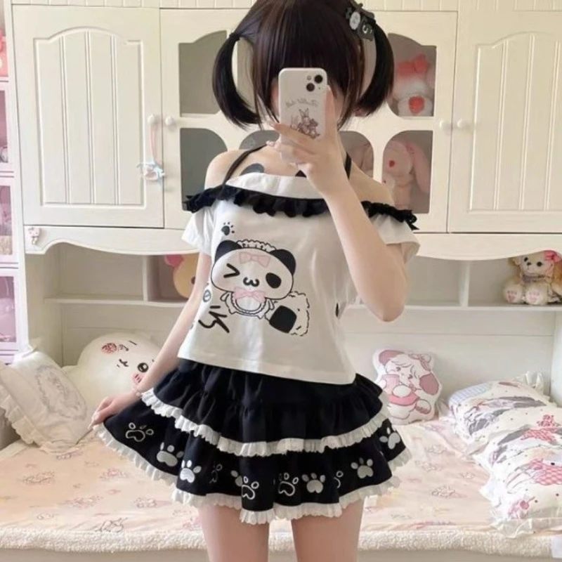 Japanese Kawaii Lolita Style 2 Piece Set Women Sweet Off Shoulder Ruffles Cartoon Panda Print Crop Top Y2k Cute Cake Mini Skirt