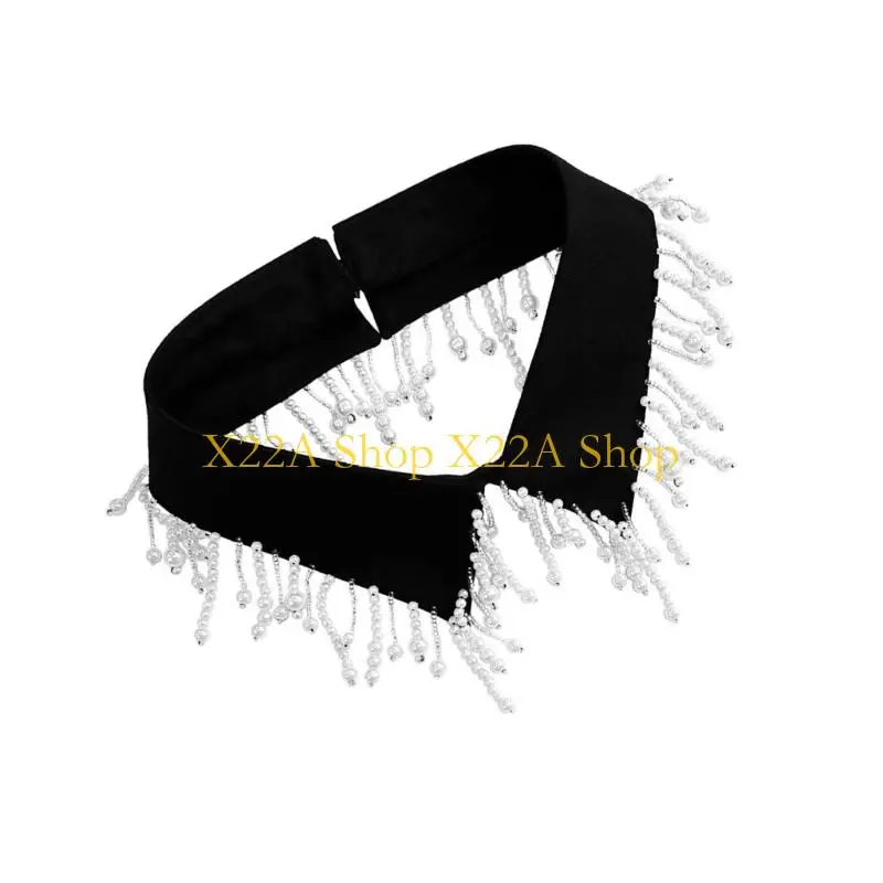 Unique Fashionable Pearls Beaded Tassels Trim False Collar for Women Casual Formal Wear Detachable Choker Necklace Shirt Collar