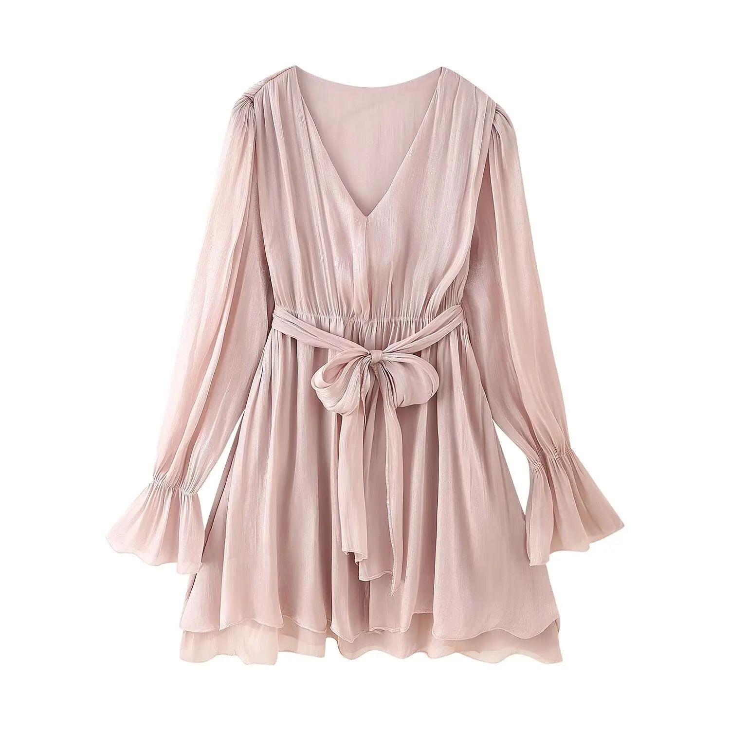 Elegant Pleated A-line Mini Dresses Holiday Party Robe Women Autumn Puff Long Sleeve Dress V Neck Bow Sashes Dress