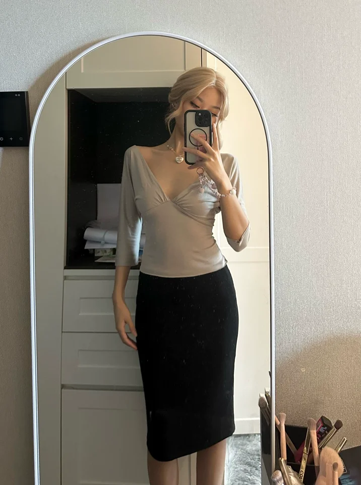 Tank Black Mid-Low Waist Bodycon Skirt, Double-Layer Rayon Fabric, Low-Waist Slimming Elastic Versatile Stylish Mid-Length Skirt, Slim Fit Versatile Knee-Length Skirt, High-Elastic Slim Mid-Length Skirt