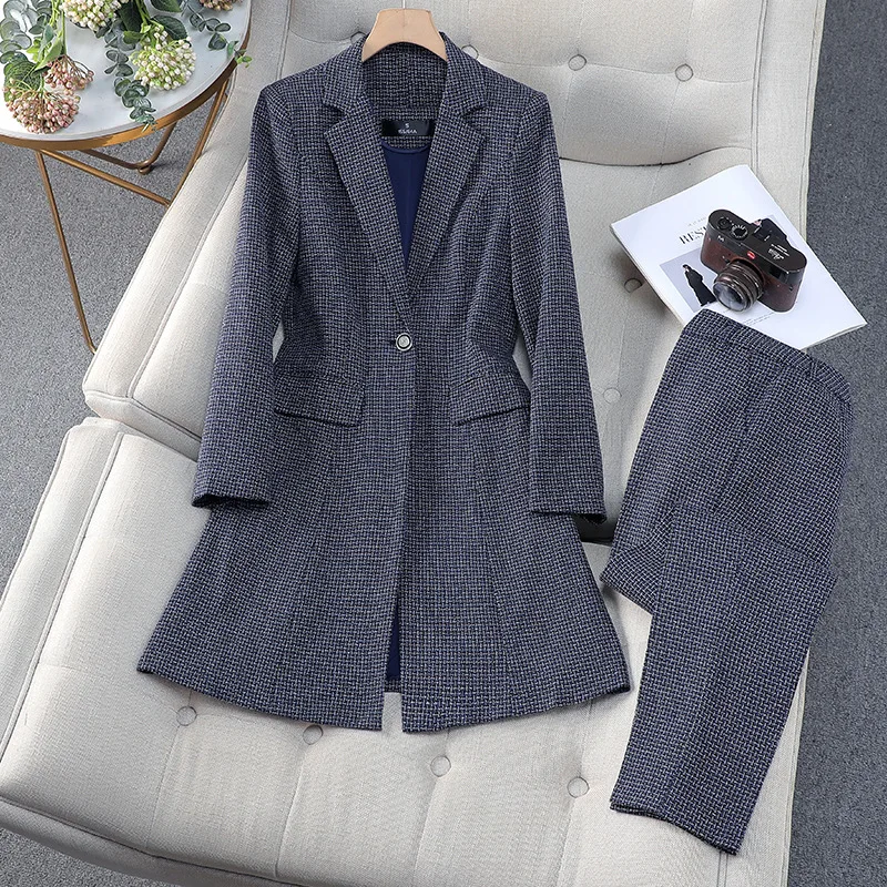 Blazer da donna di lusso pantalone scozzese lungo giacca primavera autunno OL Trench sottile sottile retrรฒ Versatile completo da pendolare