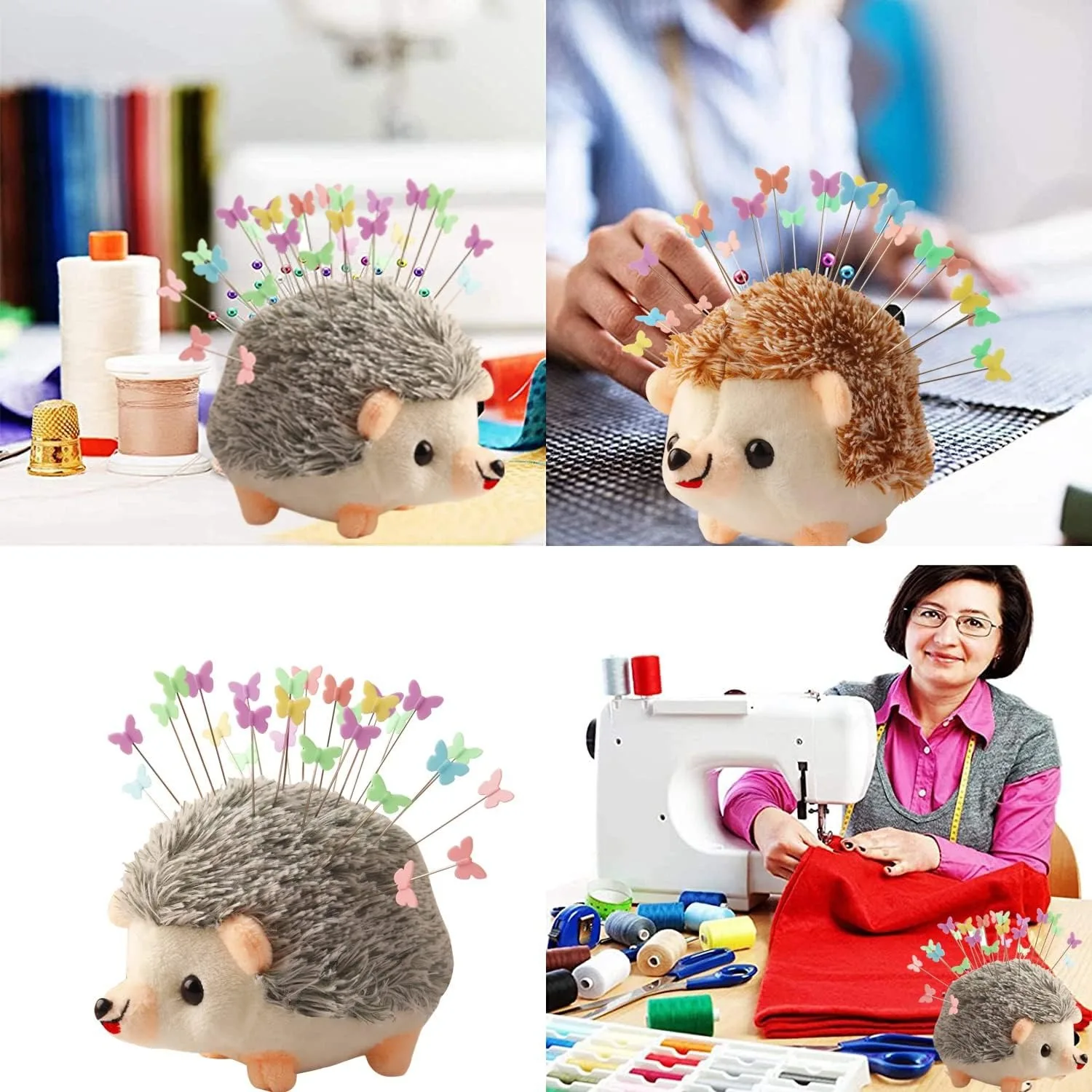 Hedgehog Shape Pin Cushion Cute Pincushions with 100Pcs Colored Butterfly Pins Sewing Kit