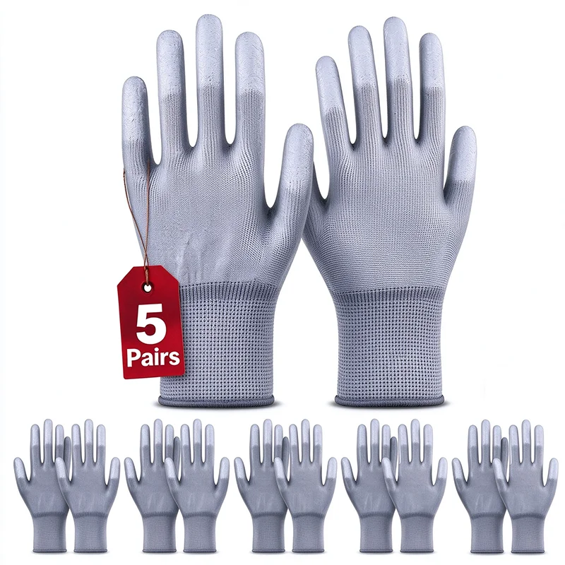 5 Pairs Anti-static Coated Labor Gloves Universal High Elasticity Locking Line Nylon Material PU Coated Gloves Moto Accessories