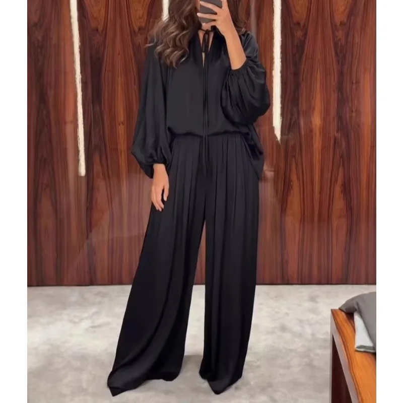 New Satin Two Pieces Set Women Lace Up V Neck Loose Blouses Fashion Wide Leg Pant Suit Elegant Lady Temperament Outfits