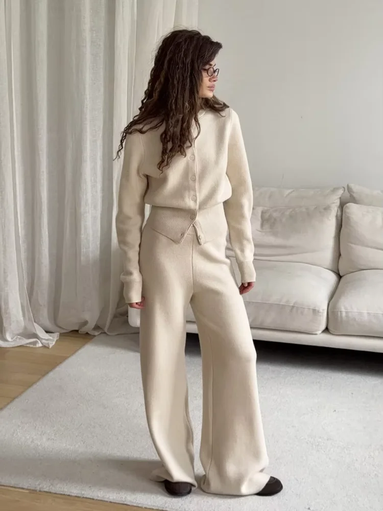 Ladies Knitted Two Piece Set Button Front Fitted Waist Cardigan Wide Leg Pants Suit Elegant Lady Casual Daily Matching Outerwear