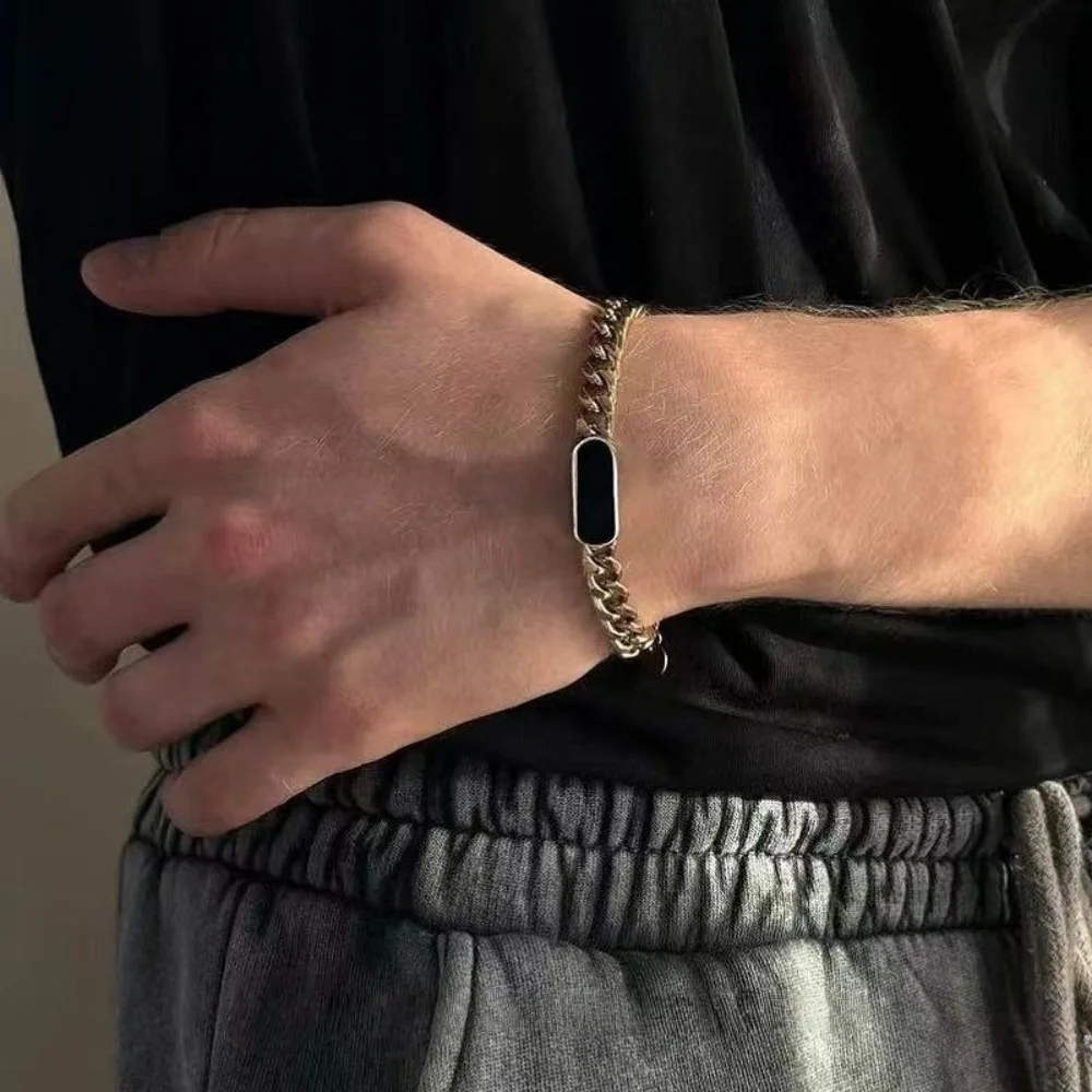 Amerikanisches Hip-Hop Schwarzes Kubanisches Kettenarmband Rund Stahlfarben Retro Edelstahl Herren Damen Modeschmuck – Detail 2