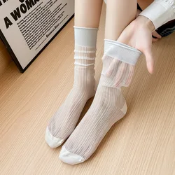 Lace Socks Women Summer Ultra-thin Transparent Crystal Silk Socks Solid Color Black White Gray Silver Silk Nylon Long Socks Sox