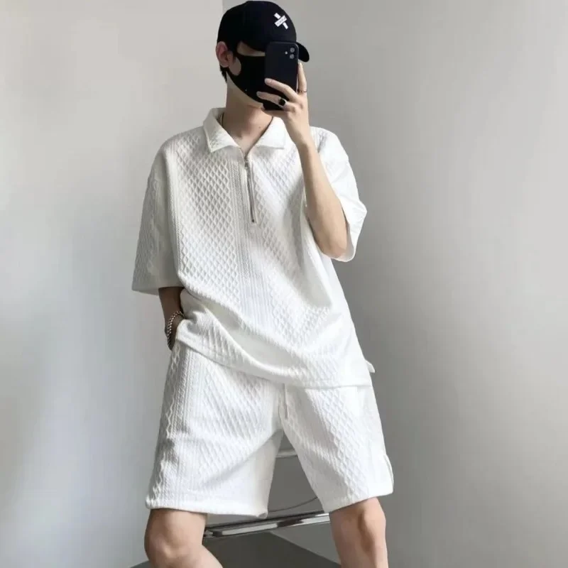 

Texture Man Sets Plain Lapel Nylon Stretch Tee Essential Two Piece Set Korean Style 2025 Outfit T-shirts Shorts Suits for Men