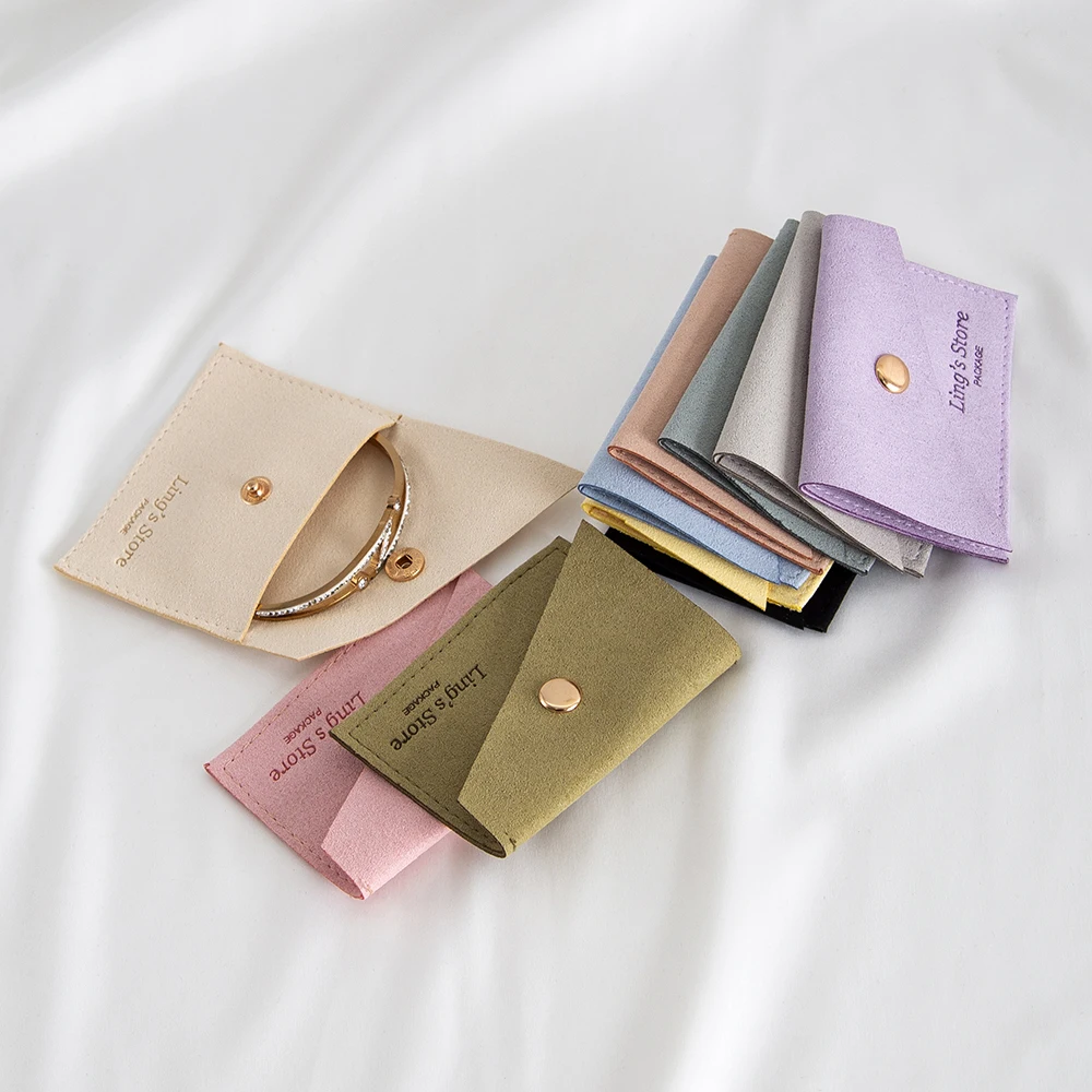 

100Pcs Personalized Logo Beige Jewelry Packaging Purse Microfiber Gold Snap Flap Button Bag Earrings Rings Brooch Coin Packaging